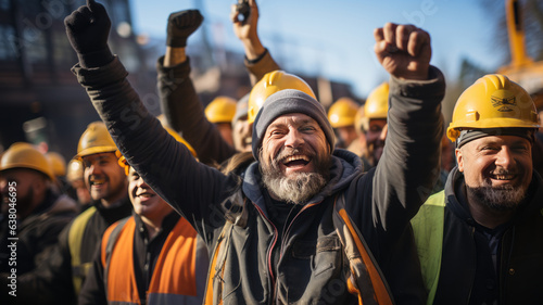 Construction workers smiling in yellow vests and vests raise their hands in the air success concept,generative ai