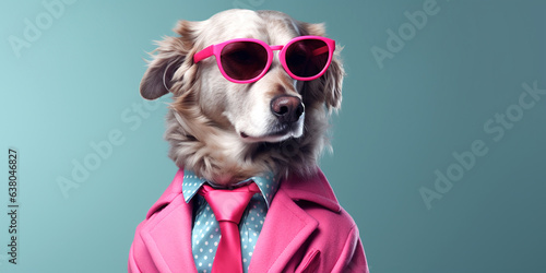 cooler Hund im pinkfarbenen Business outfit