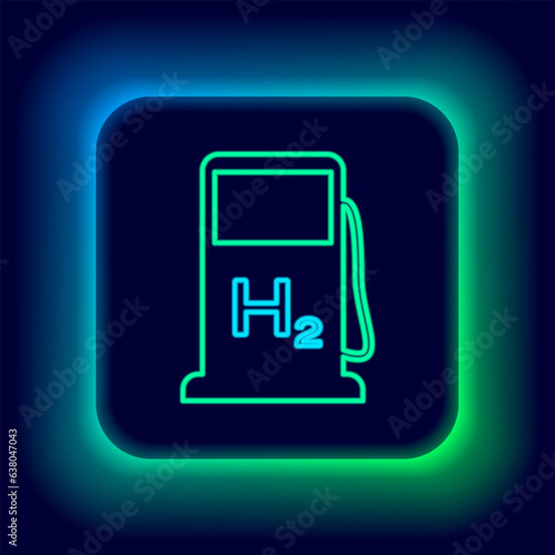 Glowing neon line Hydrogen filling station icon isolated on black background. H2 station sign. Colorful outline concept. Vector