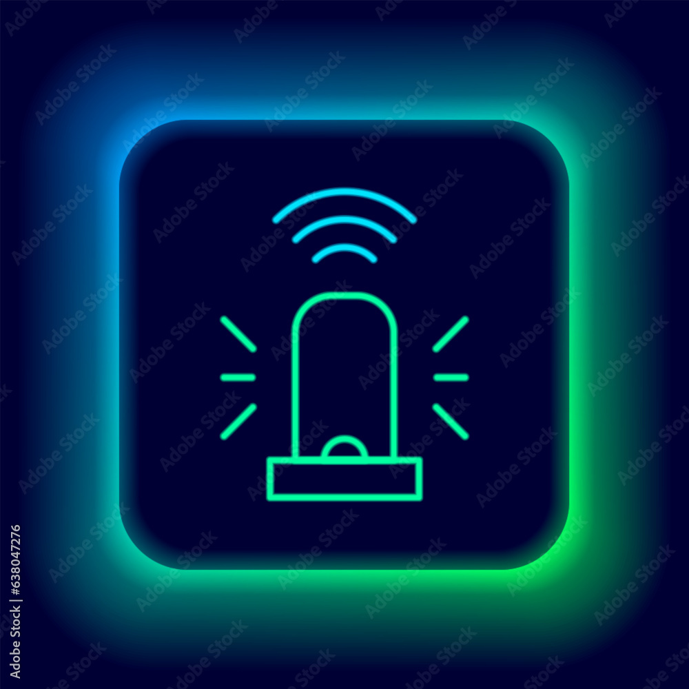 Glowing neon line Smart flasher siren system icon isolated on black background. Emergency flashing siren. Internet of things concept with wireless connection. Colorful outline concept. Vector Glowing neon line Smart flasher siren system icon isolated on black background. Emergency flashing siren. Internet of things concept with wireless connection. Colorful outline concept. Vector