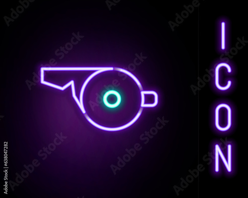 Glowing neon line Whistle icon isolated on black background. Referee symbol. Fitness and sport sign. Colorful outline concept. Vector