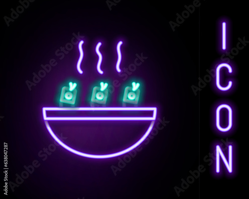 Glowing neon line Soup with shrimps icon isolated on black background. Tom yum kung soup. Colorful outline concept. Vector