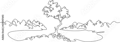 Continuous one single line drawn Mountain landscape. Rocks in the forest. Mountain Lake. Forest landscape.