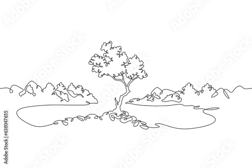 Continuous one single line drawn Mountain landscape. Rocks in the forest. Mountain Lake. Forest landscape.