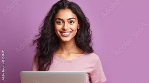 Happy Indian woman with laptop computer working or studying online on lilac background.generative ai © JKLoma