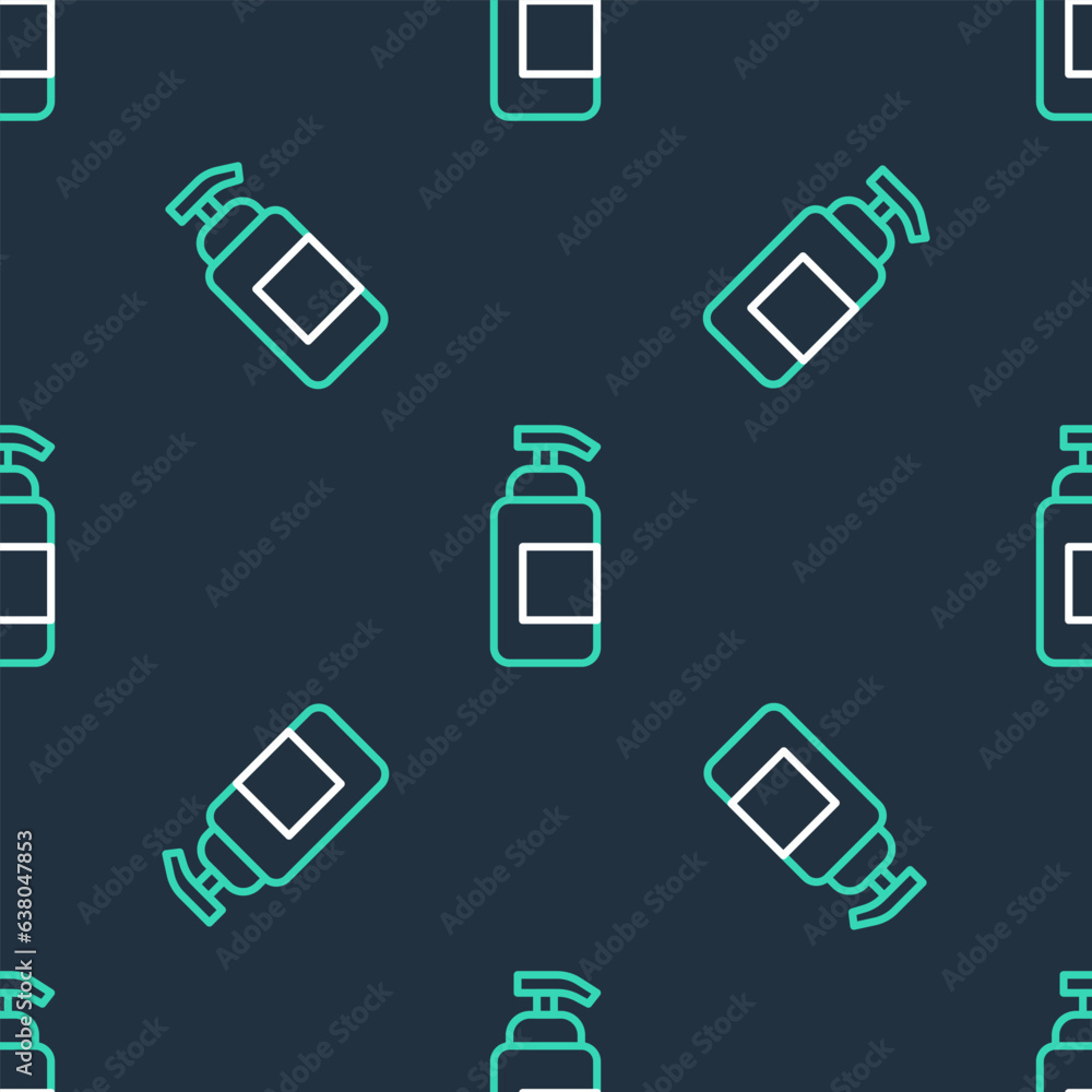 Line Bottle of liquid antibacterial soap with dispenser icon isolated seamless pattern on black background. Antiseptic. Disinfection, hygiene, skin care. Vector Line Bottle of liquid antibacterial soap with dispenser icon isolated seamless pattern on black background. Antiseptic. Disinfection, hygiene, skin care. Vector