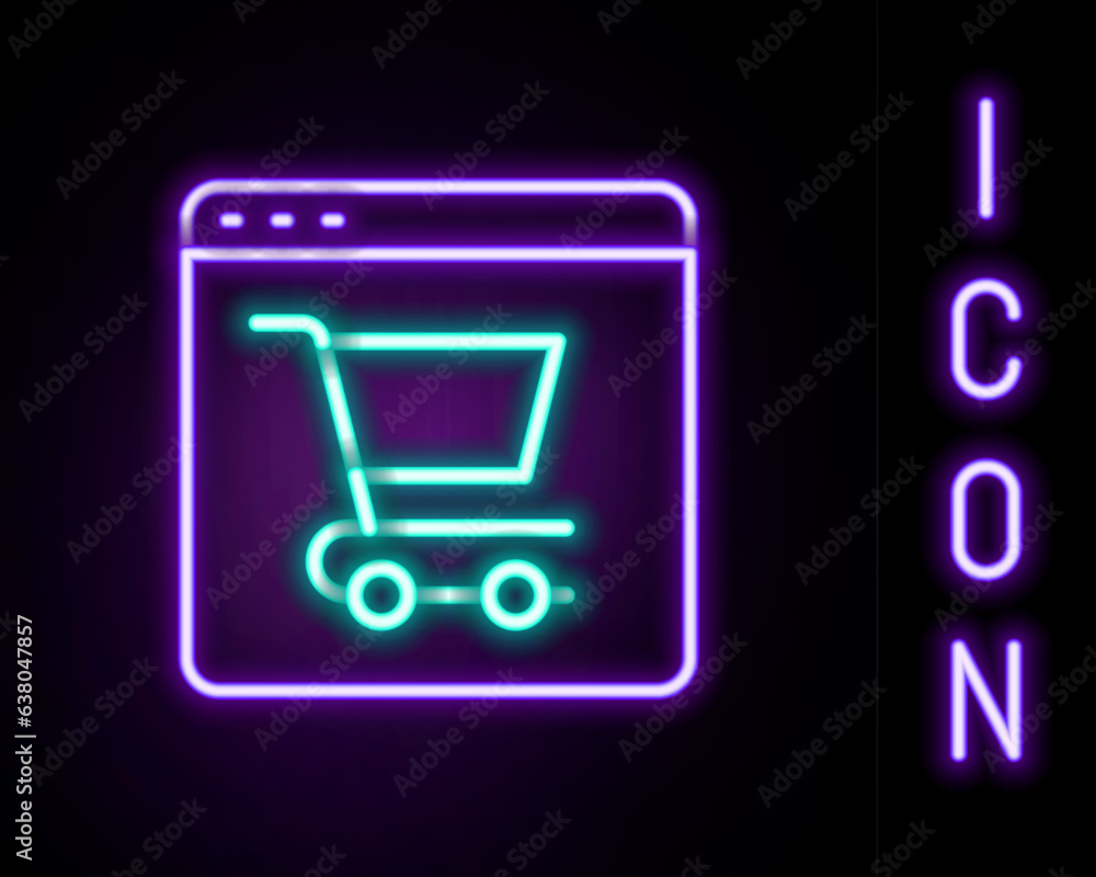 Glowing neon line Online shopping on screen icon isolated on black background. Concept e-commerce, e-business, online business marketing. Colorful outline concept. Vector Glowing neon line Online shopping on screen icon isolated on black background. Concept e-commerce, e-business, online business marketing. Colorful outline concept. Vector