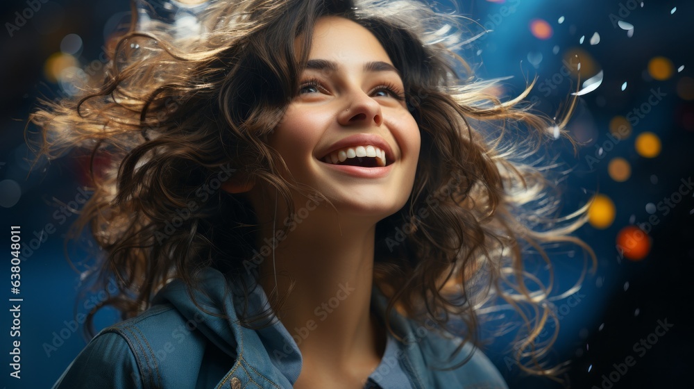 Fototapeta premium pretty woman laughing on a blue background