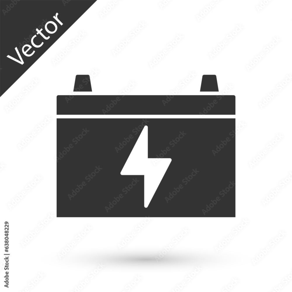Grey Car battery icon isolated on white background. Accumulator battery energy power and electricity accumulator battery. Vector Grey Car battery icon isolated on white background. Accumulator battery energy power and electricity accumulator battery. Vector