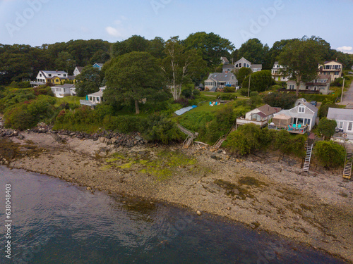 Aerial view of a Harpswell water front neighborhood. Pictures taken with drone during the summer