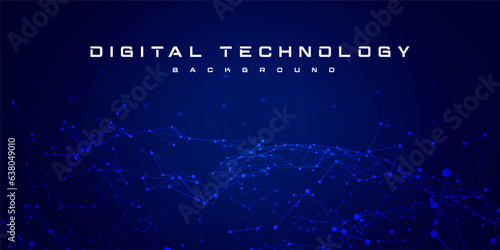 Digital technology internet network connection blue background, cyber nano information, abstract futuristic communication, innovation science future tech data, Ai big data, lines dots illustration 3d
