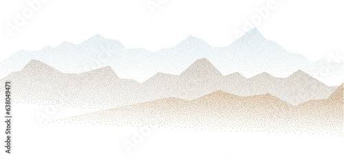 Dotwork mountain range grain colored pattern. Dotted noise, grunge texture landscape. Stippled gradient mountains. Grainy hill in dotwork style. Noisy stochastic background Pointillism texture