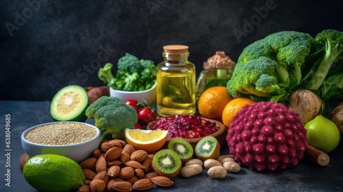 Background on the modern concept of coronavirus and immune protection via a healthy diet. An alkaline diet includes fruits, vegetables, grains, nuts, oils, and a dark gray concrete backdrop. photo