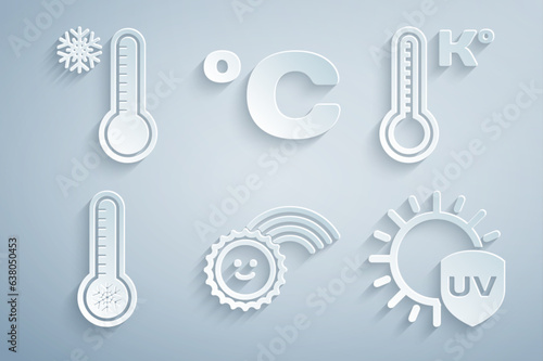 Set Rainbow with sun, Meteorology thermometer, UV protection, Celsius and icon. Vector