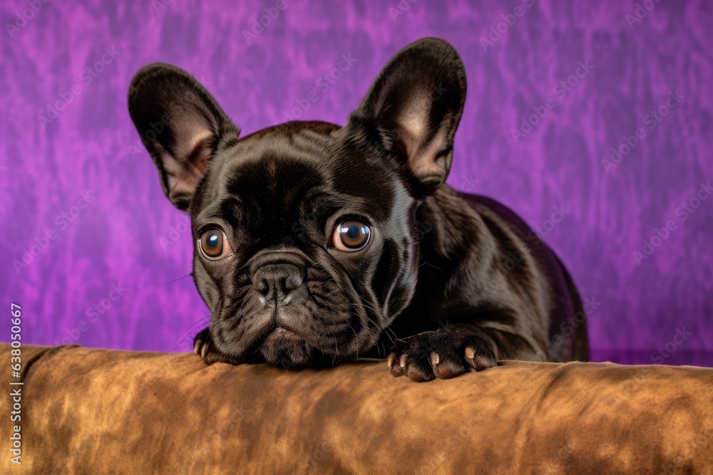 Im keeping an eye on you. A juvenile French bulldog is posing. On a purple backdrop, a charming, happy looking white and black puppy or pet is playing and acting vivaciously. motion, activity, and
