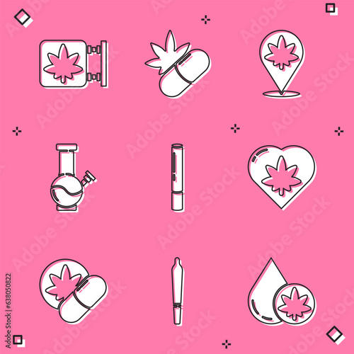 Set Marijuana and cannabis store, Medical pills with marijuana, Location, Glass bong for smoking, joint, leaf heart, Herbal ecstasy tablets and icon. Vector
