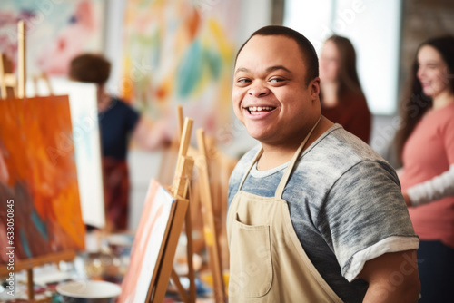 Young smiling man with Down syndrome on art workshop with a group of students, learning a new skill. Social integration concept. photo