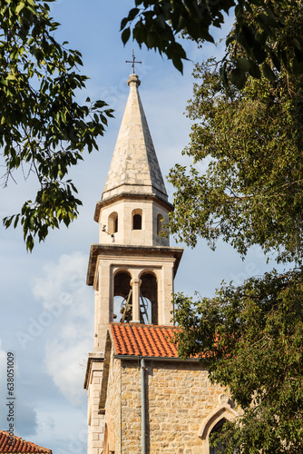 Budva, Montenegro - 9 September 2021: Budva church tower, Budva old town, Montenegro