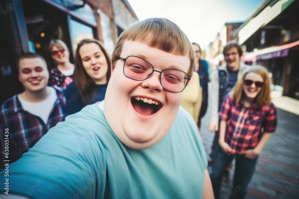 Portrait of a happy young smiling man with Down syndrome spending time with his friends, traveling and taking selfie. Social integration concept. Portrait of a happy young smiling man with Down syndrome spending time with his friends, traveling and taking selfie. Social integration concept.
