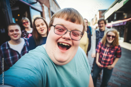 Portrait of a happy young smiling man with Down syndrome spending time with his friends  traveling and taking selfie. Social integration concept.