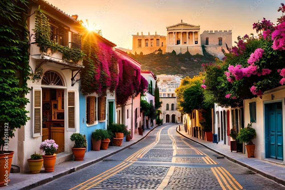  Immerse yourself in the charming district of Plaka in Athens, where historic buildings come to life against the backdrop of the majestic Acropolis. The narrow cobblestone streets wind. - obrazy, fototapety, plakaty 