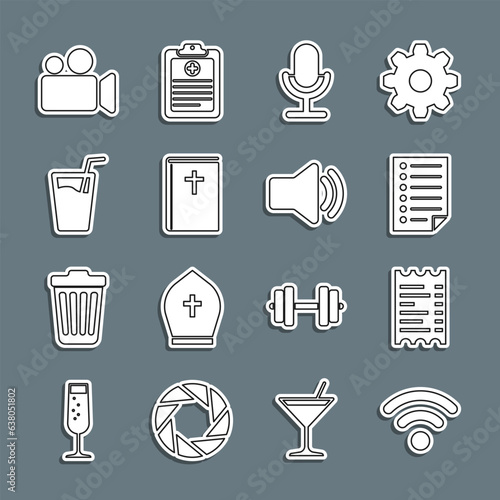 Set line Wi-Fi wireless network, Paper financial check, Document, Microphone, Holy bible book, Glass with water, Movie Video camera and Speaker volume icon. Vector