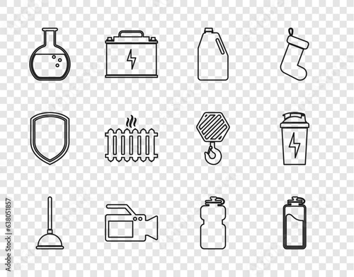 Set line Rubber plunger, Sport bottle with water, Household chemicals, Cinema camera, Test tube and flask, Heating radiator, and Fitness shaker icon. Vector