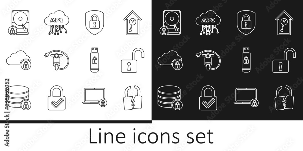 Set line Broken or cracked lock, Open padlock, Shield security with, Electric scooter, Cloud computing, Hard disk drive and, USB flash and api interface icon. Vector Set line Broken or cracked lock, Open padlock, Shield security with, Electric scooter, Cloud computing, Hard disk drive and, USB flash and api interface icon. Vector
