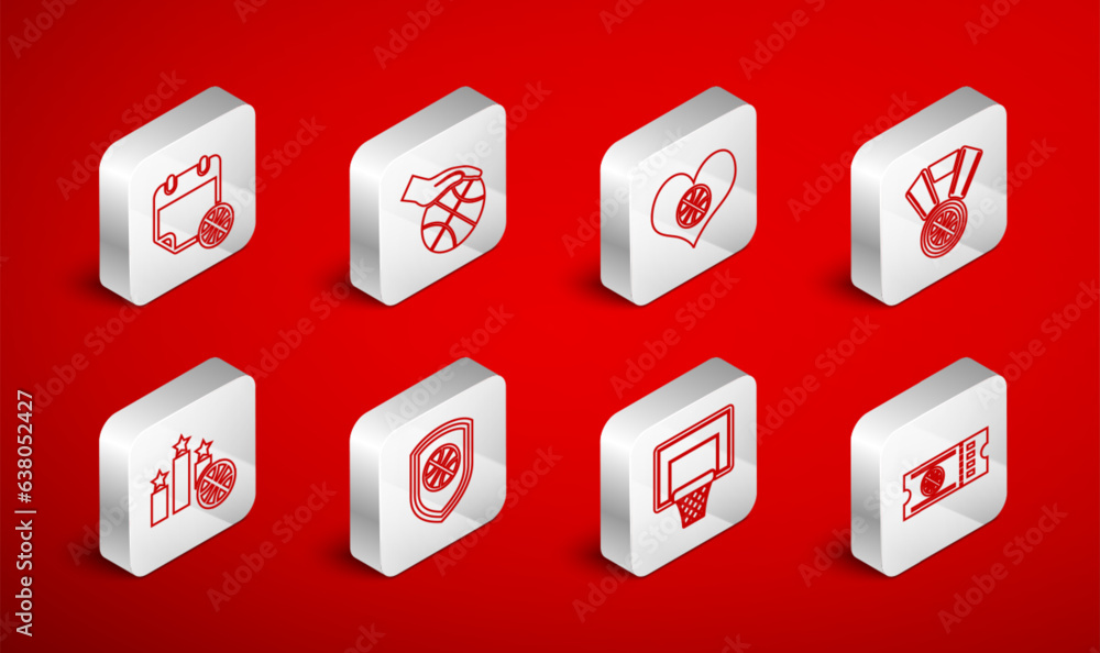 Set line Basketball game ticket, Hand with basketball, Heart, medal, backboard, on sport calendar, Shield in the and Sports winner podium icon. Vector Set line Basketball game ticket, Hand with basketball, Heart, medal, backboard, on sport calendar, Shield in the and Sports winner podium icon. Vector