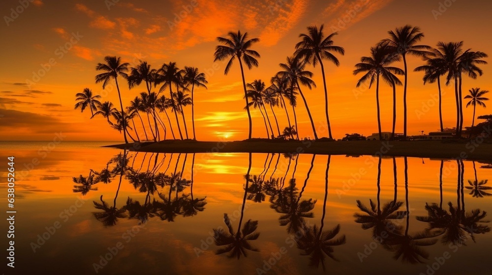 Palm Tree Dreamscape Reflective Waters and Sunset's Golden Embrace