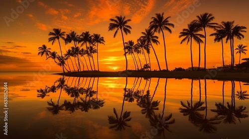 Palm Tree Dreamscape Reflective Waters and Sunset's Golden Embrace