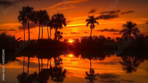 Soothing Tropical Evening Sunset's Glow on Palms and Mirrored Waters