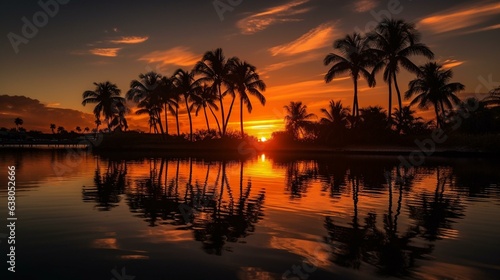 Sunset Reflections Palms and Calm Waters Painted in Golden Hues