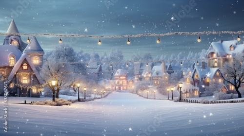 A snowy night scene with a village and lights