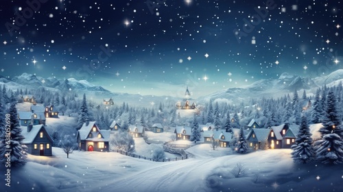 A snowy night with a village in the foreground