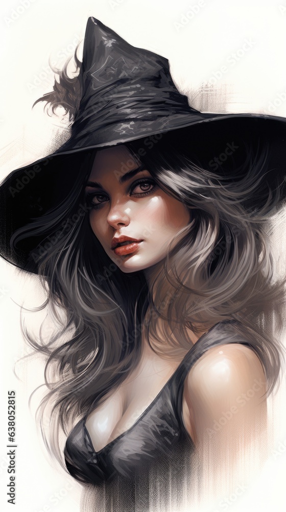 A drawing of a woman wearing a witch hat A drawing of a woman wearing a witch hat
