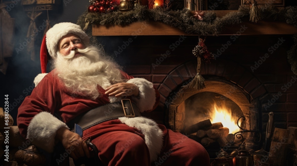A man dressed as santa claus sitting in front of a fireplace
