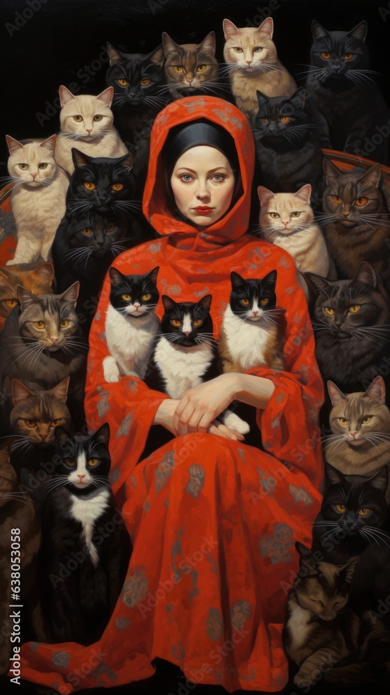A painting of a woman in a red dress surrounded by cats
