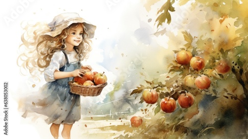 Fotografie, Obraz A painting of a girl picking apples from a tree