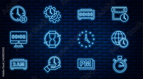 Set line Stopwatch, World time, Digital alarm clock, Old hourglass, Clock on monitor, delete, and Time Management icon. Vector
