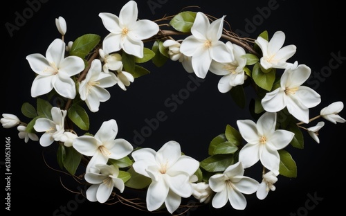 A wreath of white flowers on a black background