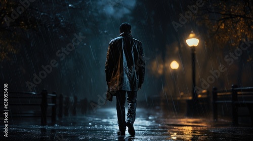 Rainy street at night. Lonely man walking down a rainy street at night