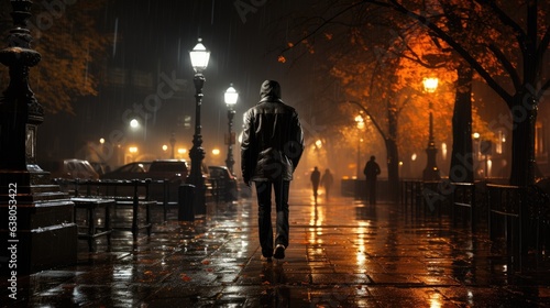 Rainy street at night. Lonely man walking down a rainy street at night