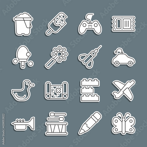 Set line Butterfly, Toy plane, Radio controlled car toy, Gamepad, Rattle baby, Racket, Sand in bucket and Dart arrow icon. Vector