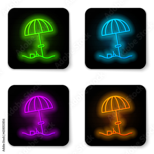 Glowing neon line Sun protective umbrella for beach icon isolated on white background. Large parasol for outdoor space. Beach umbrella. Black square button. Vector Illustration