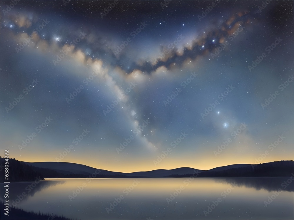 Highland landscape with night sky. AI generated illustration