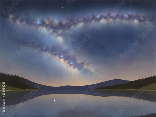 Highland landscape with night sky. AI generated illustration