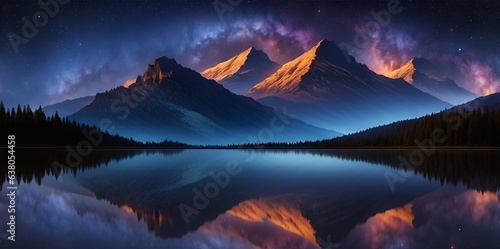 Highland landscape with night sky. AI generated illustration