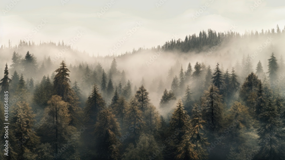 fog shrouded thick coniferous woodland
