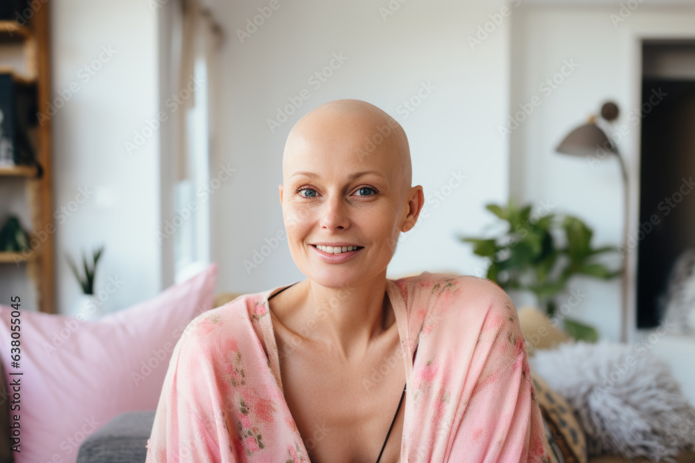 Portrait of a strong, beautiful smiling woman with no hair, cancer survivor, sitting on the sofa in her home. Portrait of a strong, beautiful smiling woman with no hair, cancer survivor, sitting on the sofa in her home.